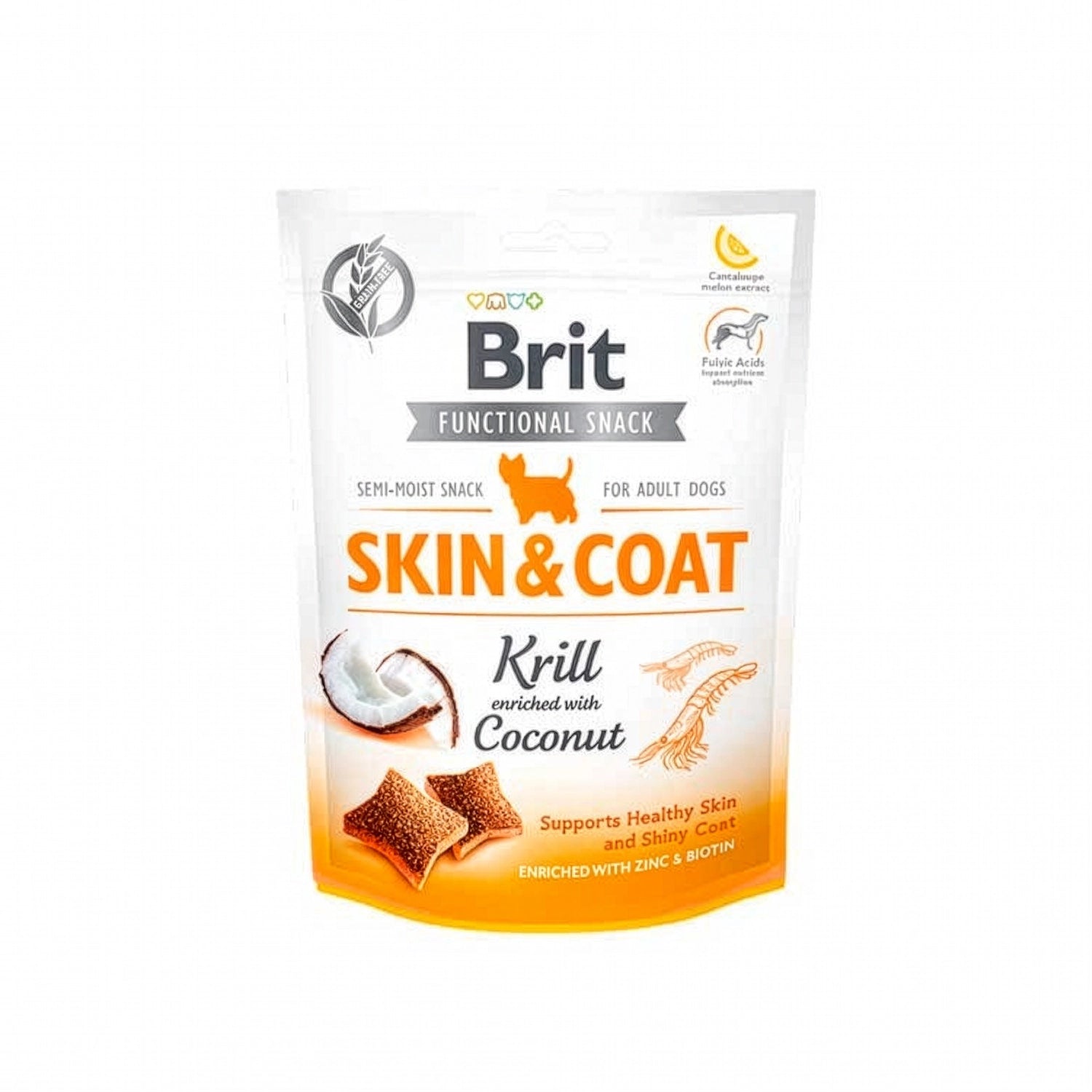 Brit Functional Snack "Skin & Coat" Krill bolsa blanca con detalles naranjos, snack semi húmedo con coco y krill para piel y pelaje