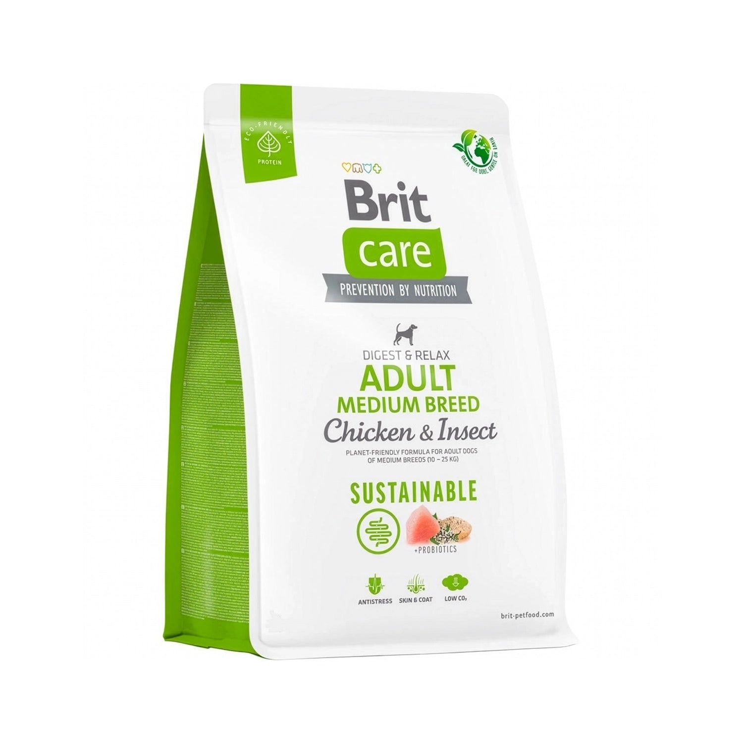 Brit Care Pollo e Insectos para Perros Razas Medianas 3 Kg comida seca en envase blanco, fórmula sostenible con pollo e insectos