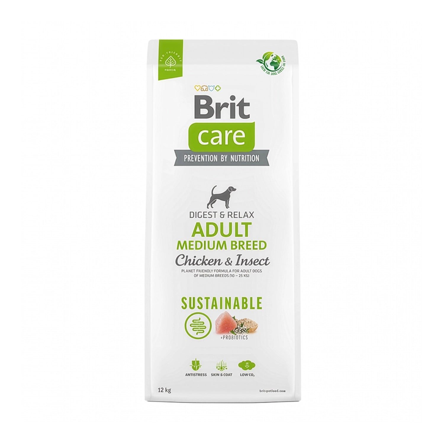 Brit Care Pollo e Insectos para Perros Razas Medianas 12 Kg comida seca en envase blanco, fórmula sostenible con pollo e insectos