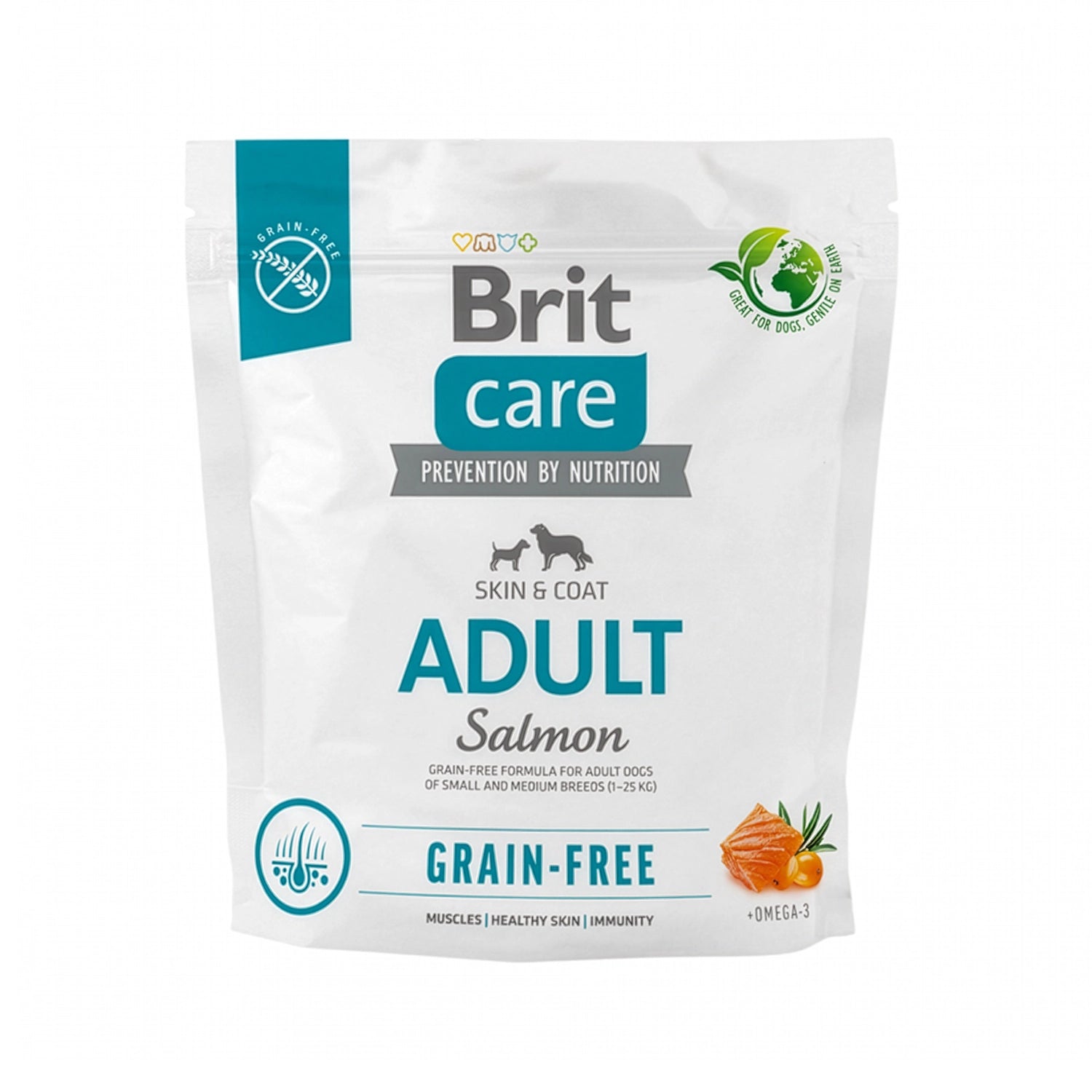 Brit Care Salmón Grain-Free para Perros Raza Pequeña y Mediana 1 Kg bolsa blanca con detalles azules, alimento seco con omega 3