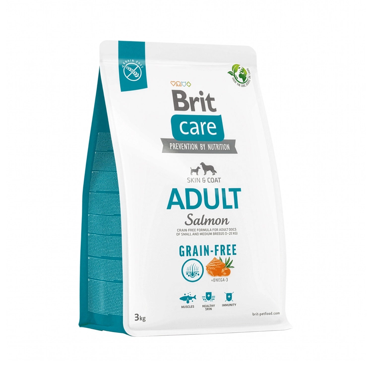Brit Care Salmón Grain-Free para Perros Raza Pequeña y Mediana 3 Kg bolsa blanca con detalles azules, alimento seco con omega 3