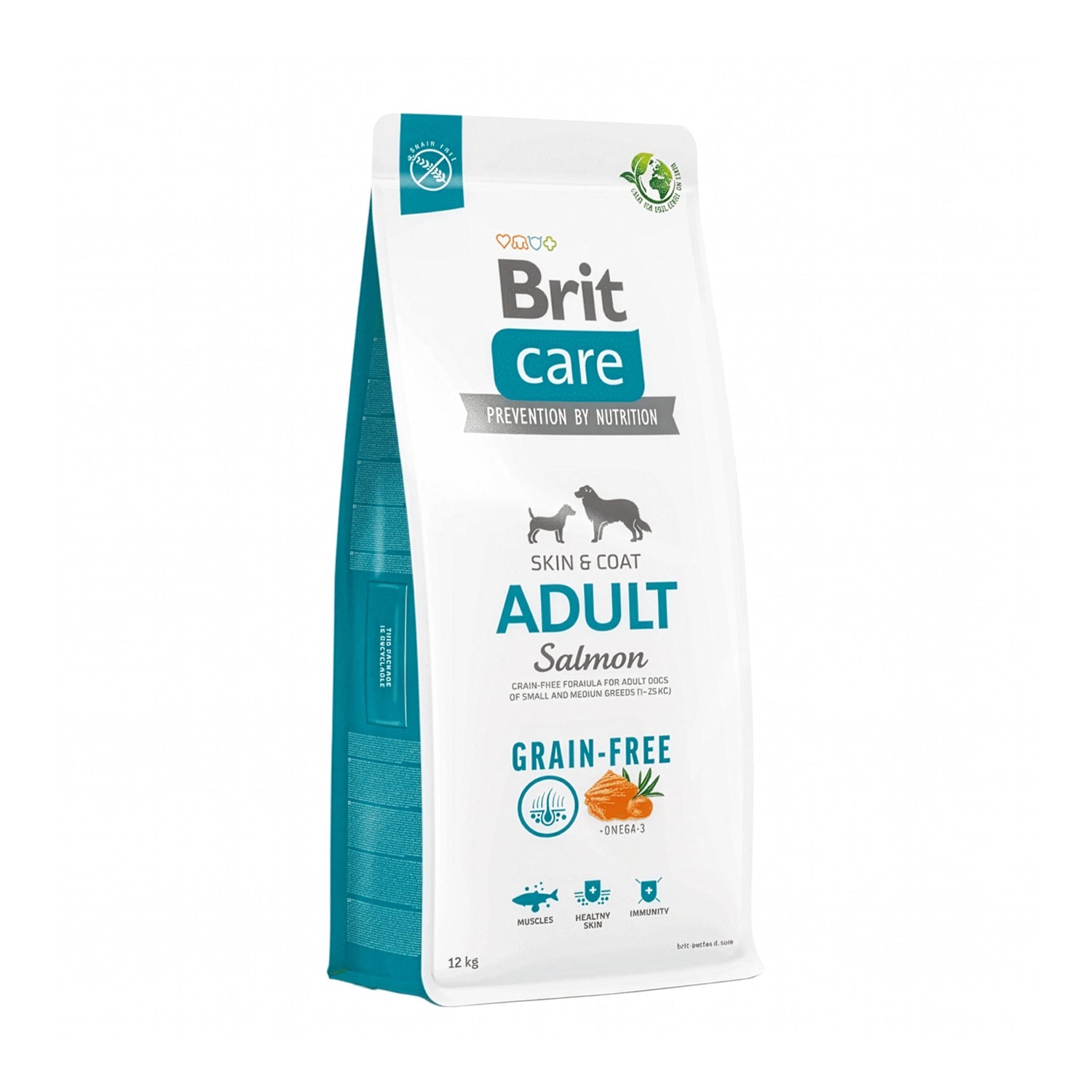 Brit Care Salmón Grain-Free para Perros Raza Pequeña y Mediana 12 Kg bolsa blanca con detalles azules, alimento seco con omega 3