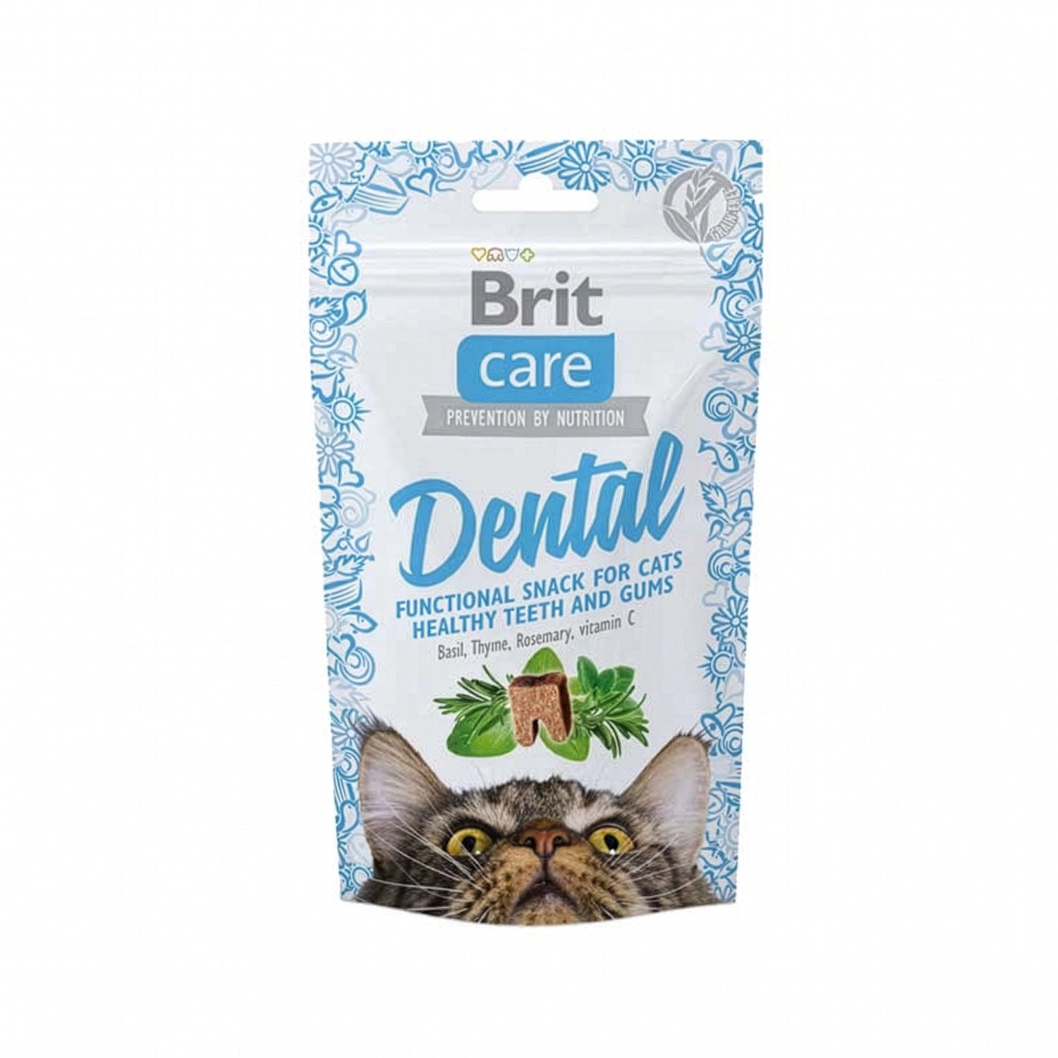Brit Care Cat Snack Dental snack para gatos en bolsa con ilustración de hierbas naturales y gato, cuidado dental diario