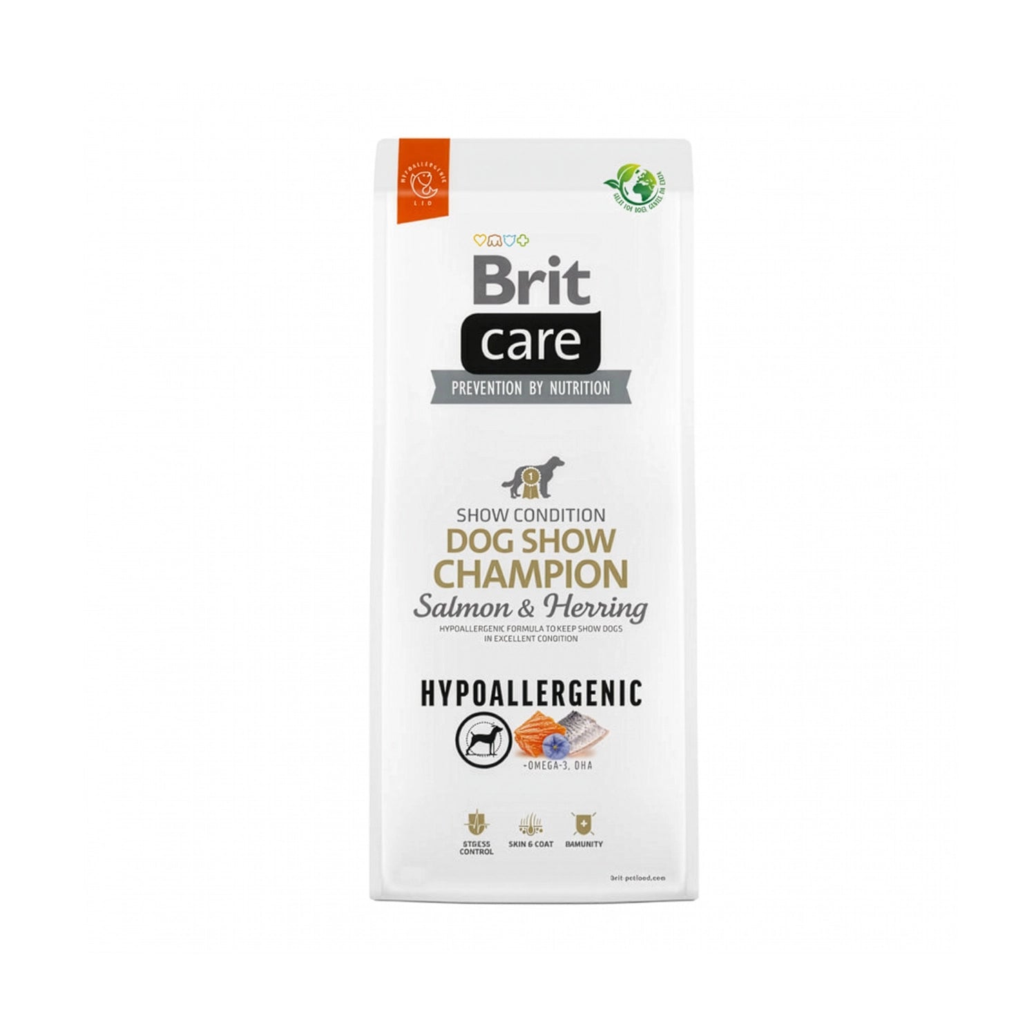 Brit Care Dog Show Champion Salmon & Arenque bolsa blanca con diseño premium, alimento hipoalergénico para perros con salmón y arenque
