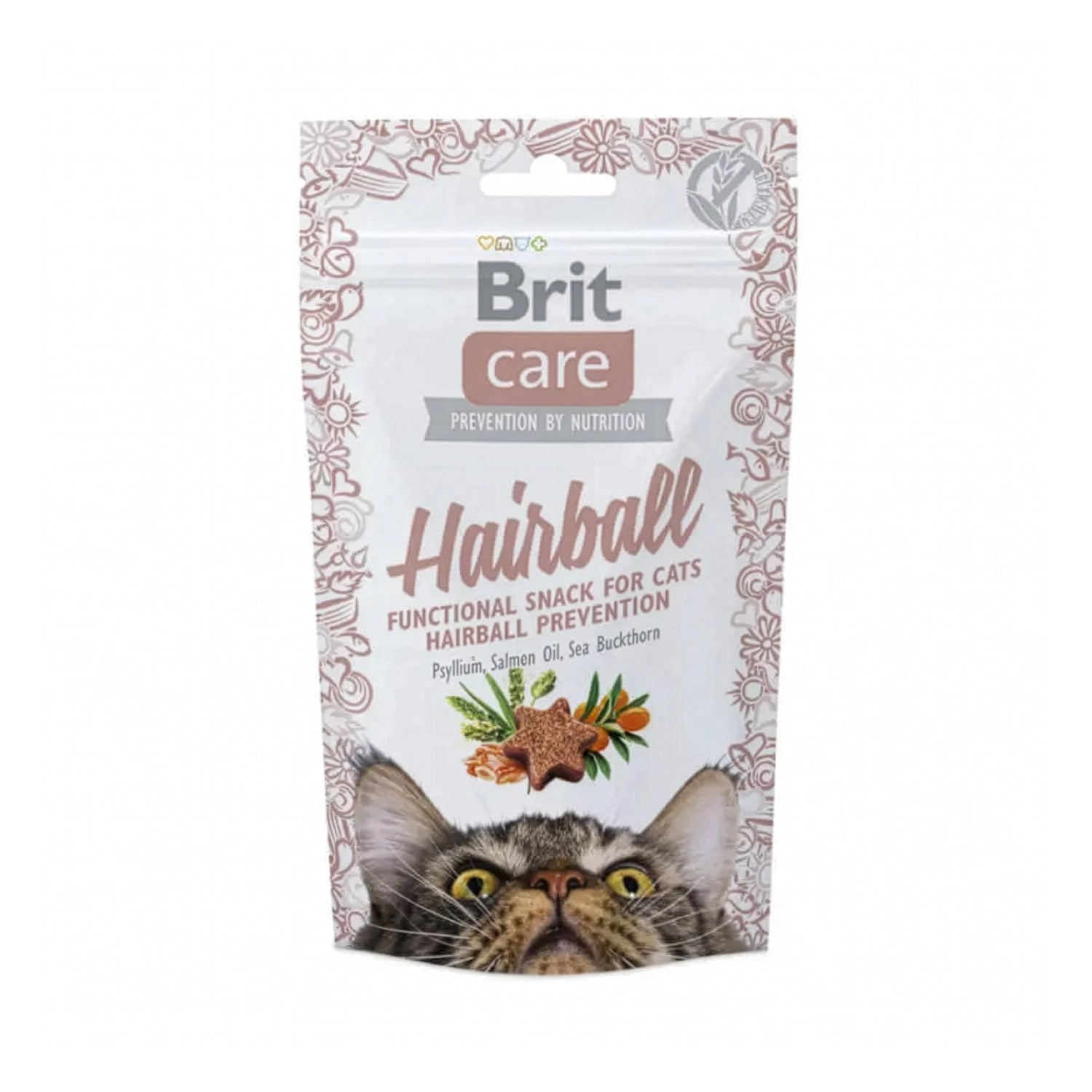 Brit Care Cat Snack Hairball premio para gatos en empaque con ilustración de croqueta y gato, fórmula para control de hairball