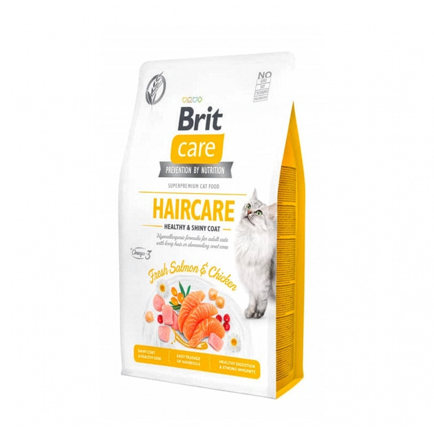 Brit Care Pelaje Haircare Healthy & Shiny coat para Gatos comida seca en envase blanco, fórmula para pelaje brillante con salmón