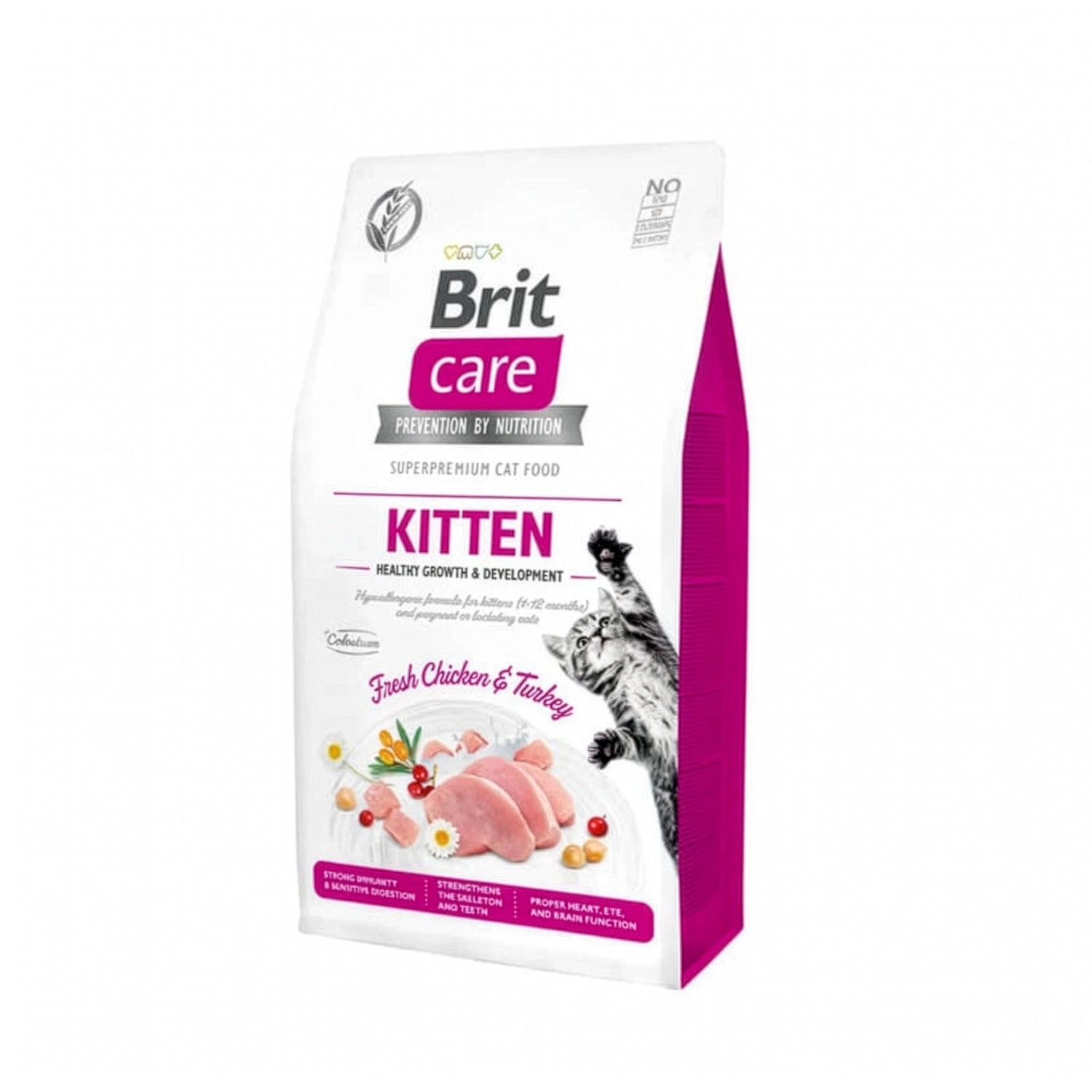 Brit Care Kitten para Gatitos alimento seco con pollo y pavo fresco, bolsa blanca con detalles rosados y foto de gatito