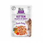 Brit Care Pouch para Gatitos con pavo en salsa, envase 85 g con trozos en gravy, imagen de gatito y flores en etiqueta
