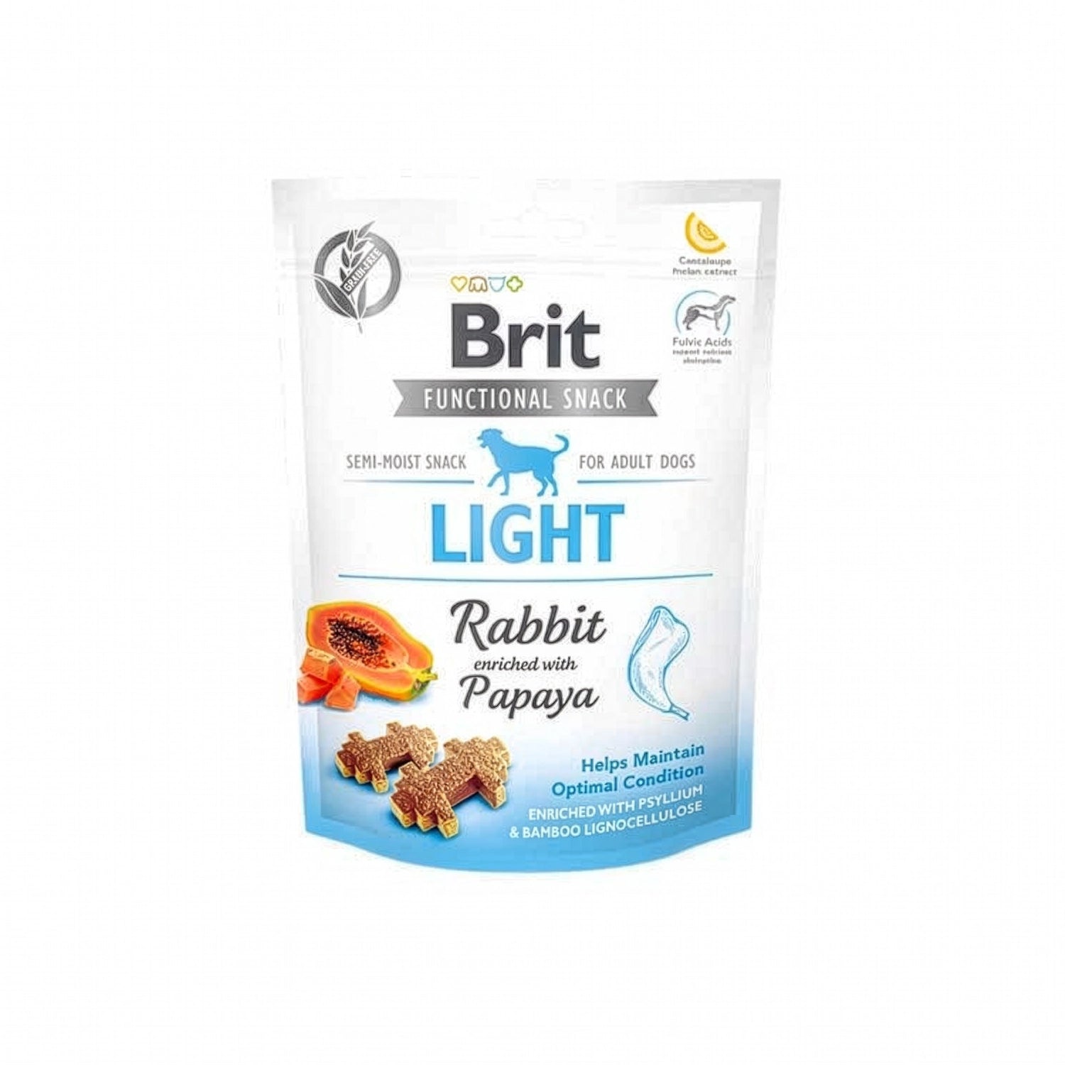 Brit Functional Snack Light Conejo y Papaya para Perros bolsa blanca con detalles azules, snack semi húmedo con trozos en forma de hueso