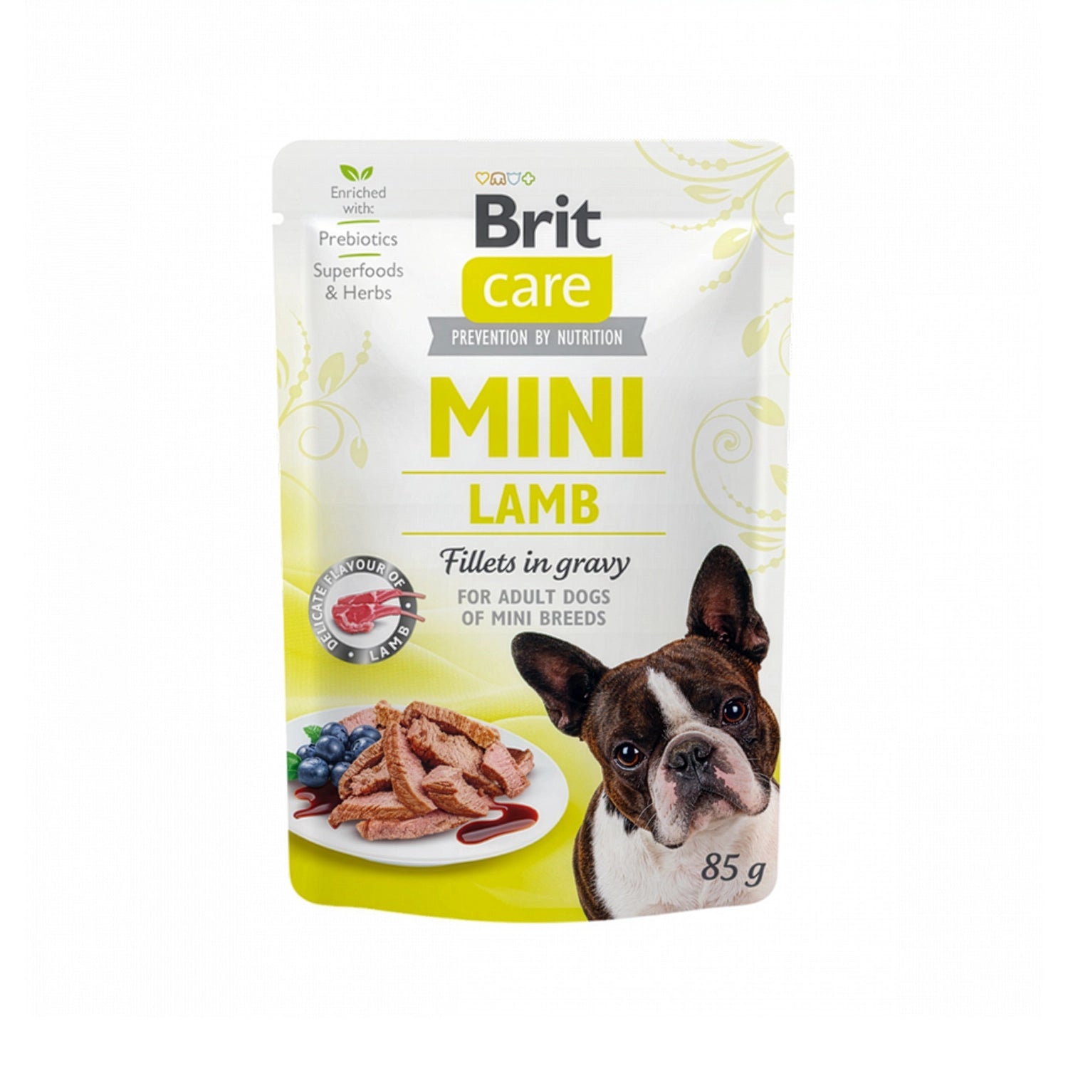 Bolsa Brit Care Pouch Mini Filetes Cordero en Salsa, alimento húmedo para razas pequeñas con trozos de carne y diseño con perro