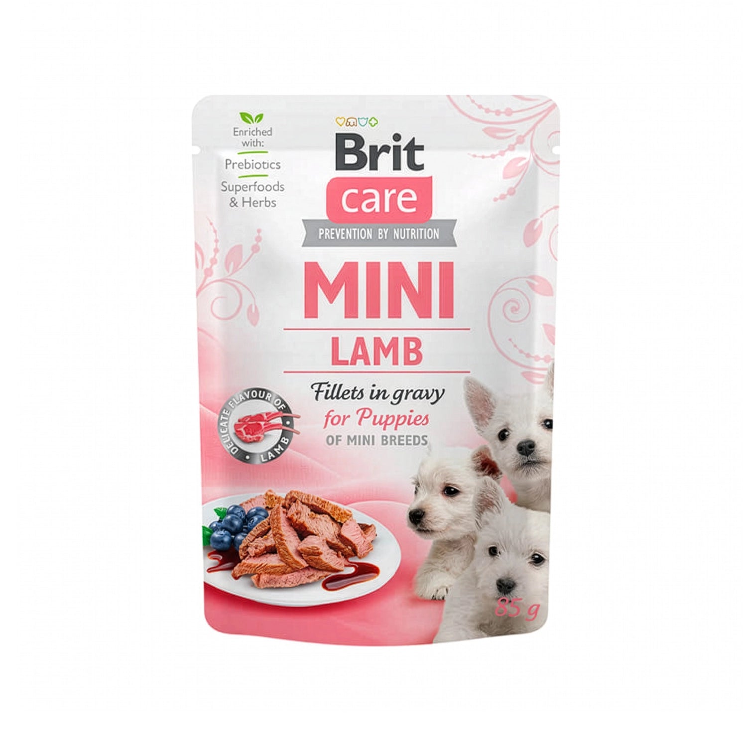 Bolsa Brit Care Pouch Mini Puppy Filetes Cordero en Salsa, alimento húmedo con filetes en gravy y diseño con cachorros pequeños