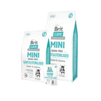 Brit Care Mini Light & Sterilised Conejo & Salmón saco blanco con detalles turquesa, perro pequeño y fórmula grain free