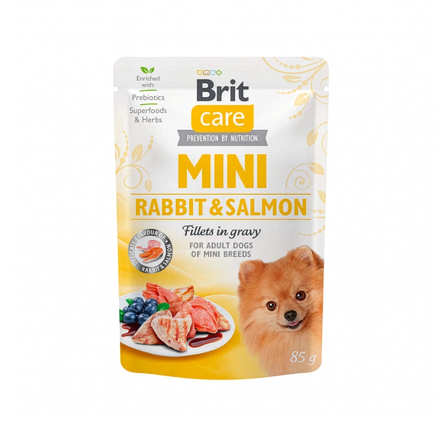 Brit Care Pouch Mini Filetes Conejo y Salmón en Salsa, comida húmeda en pouch con plato de carne, frutas y perro en empaque