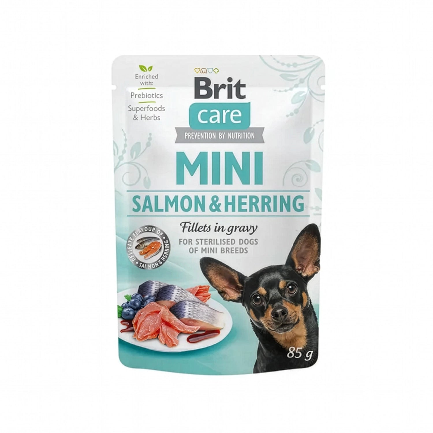 Bolsa Brit Care Pouch Mini Filetes Salmón y Arenques en Salsa, alimento húmedo con trozos de pescado y diseño con perro pequeño
