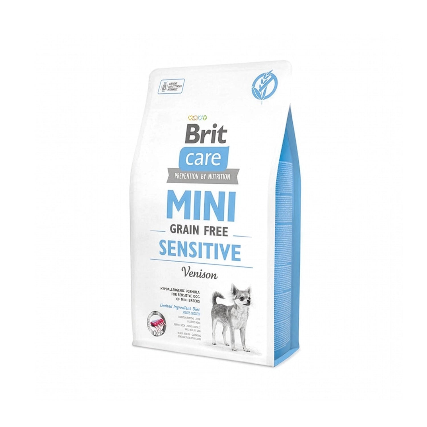 Brit Care Mini Sensitive Venado bolsa blanca con detalles azules, alimento grain free para perros pequeños con proteína de venado