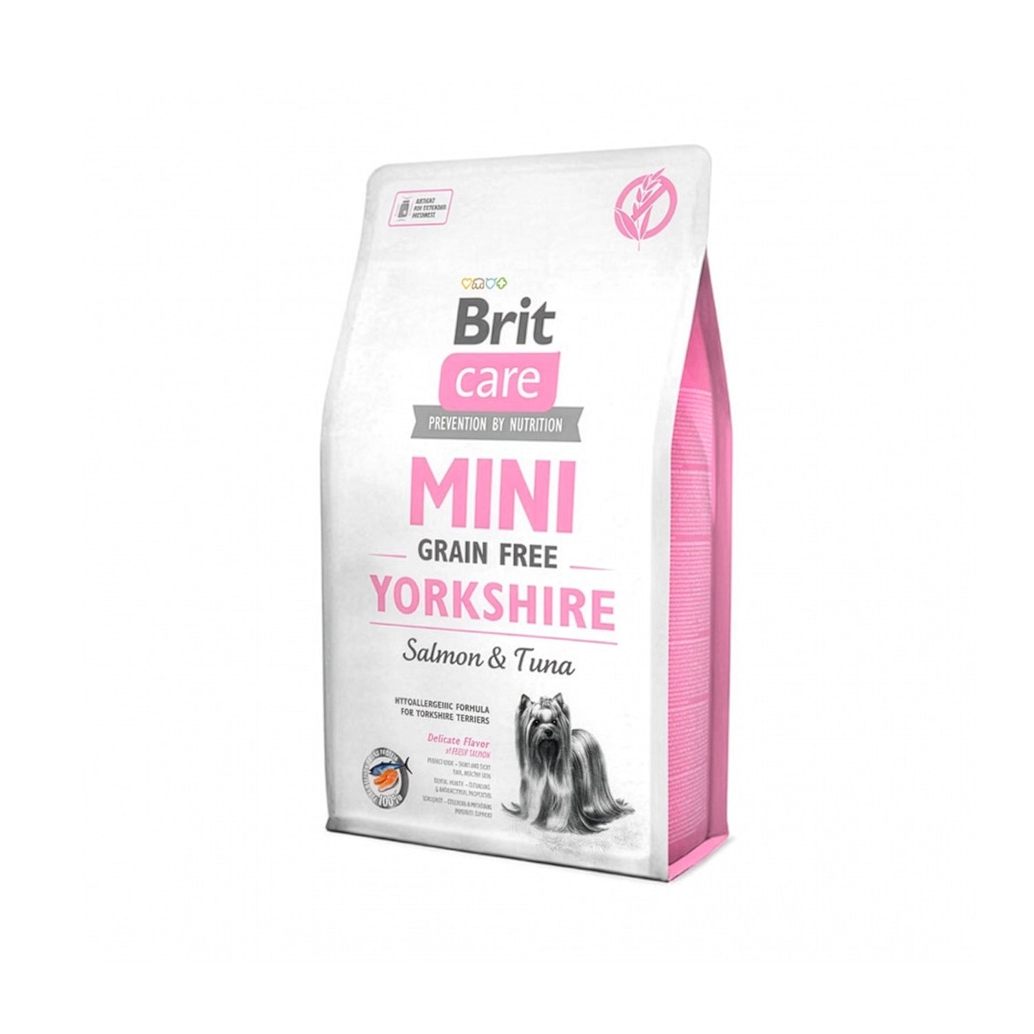 Brit Care Mini Yorkshire Salmón & Atun bolsa de alimento premium para perros pequeños, con ilustración de Yorkshire y fórmula hipoalergénica