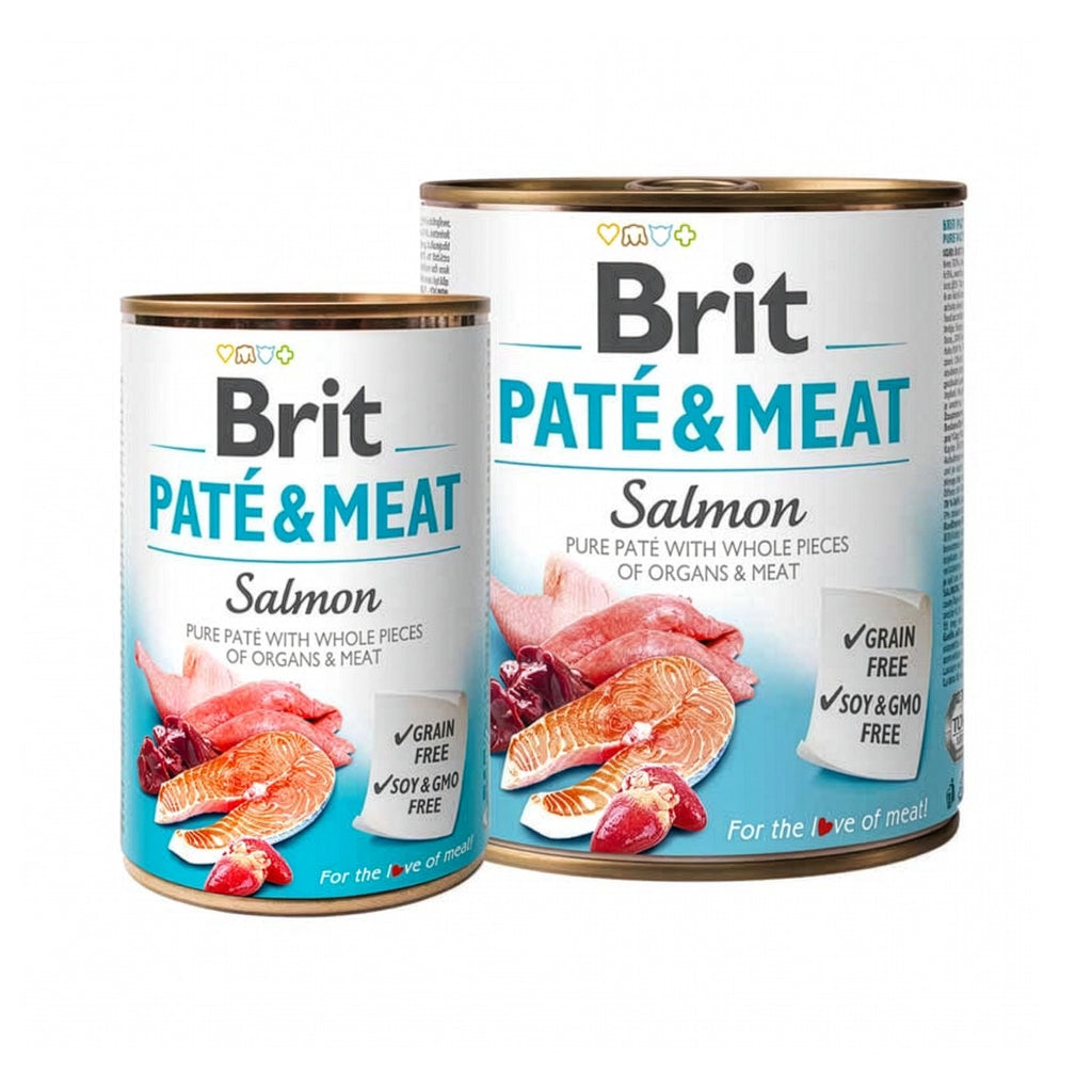 Brit Care Lata Paté Salmón para Perros, alimento húmedo tipo paté con salmón y trozos de carne en lata grain free.