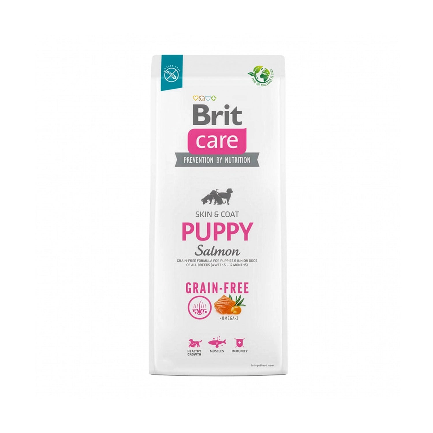 Brit Care Salmón Grain-Free para Cachorros en saco, alimento seco puppy con salmón, diseño blanco con detalles rosados y sello sin granos