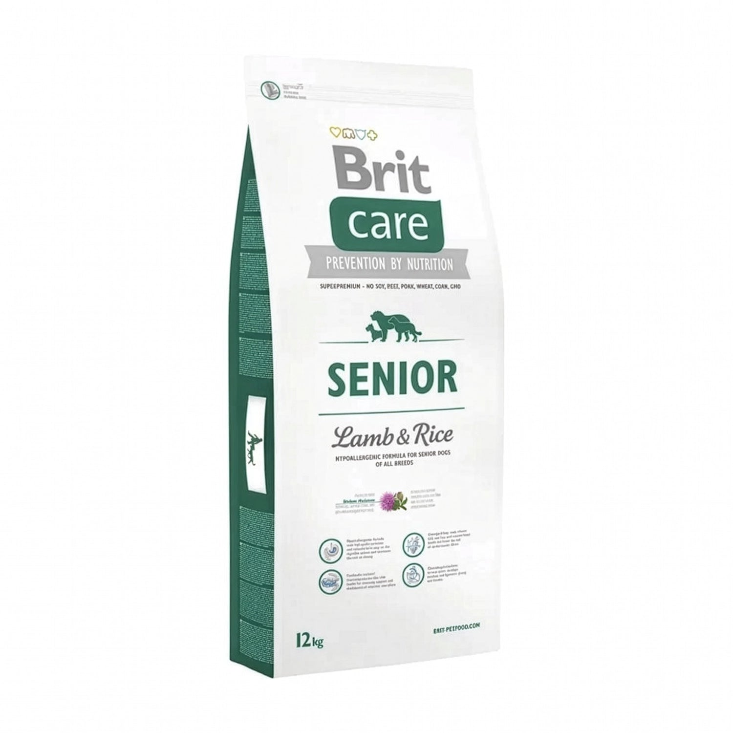 Brit Care Cordero y Arroz para Perros Senior bolsa de comida seca con diseño blanco y verde, receta con cordero y arroz