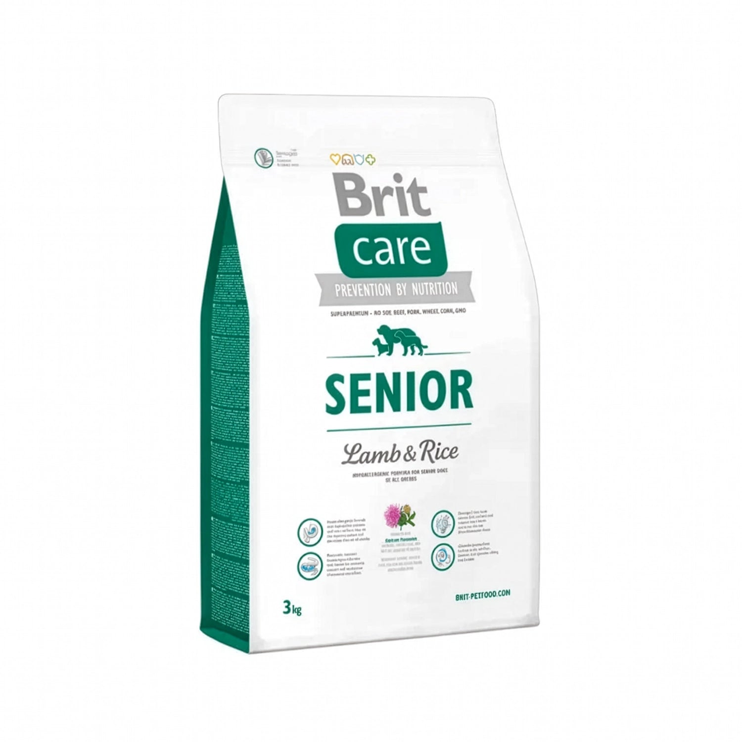 Brit Care Cordero y Arroz para Perros Senior bolsa de comida seca con diseño blanco y verde, receta con cordero y arroz