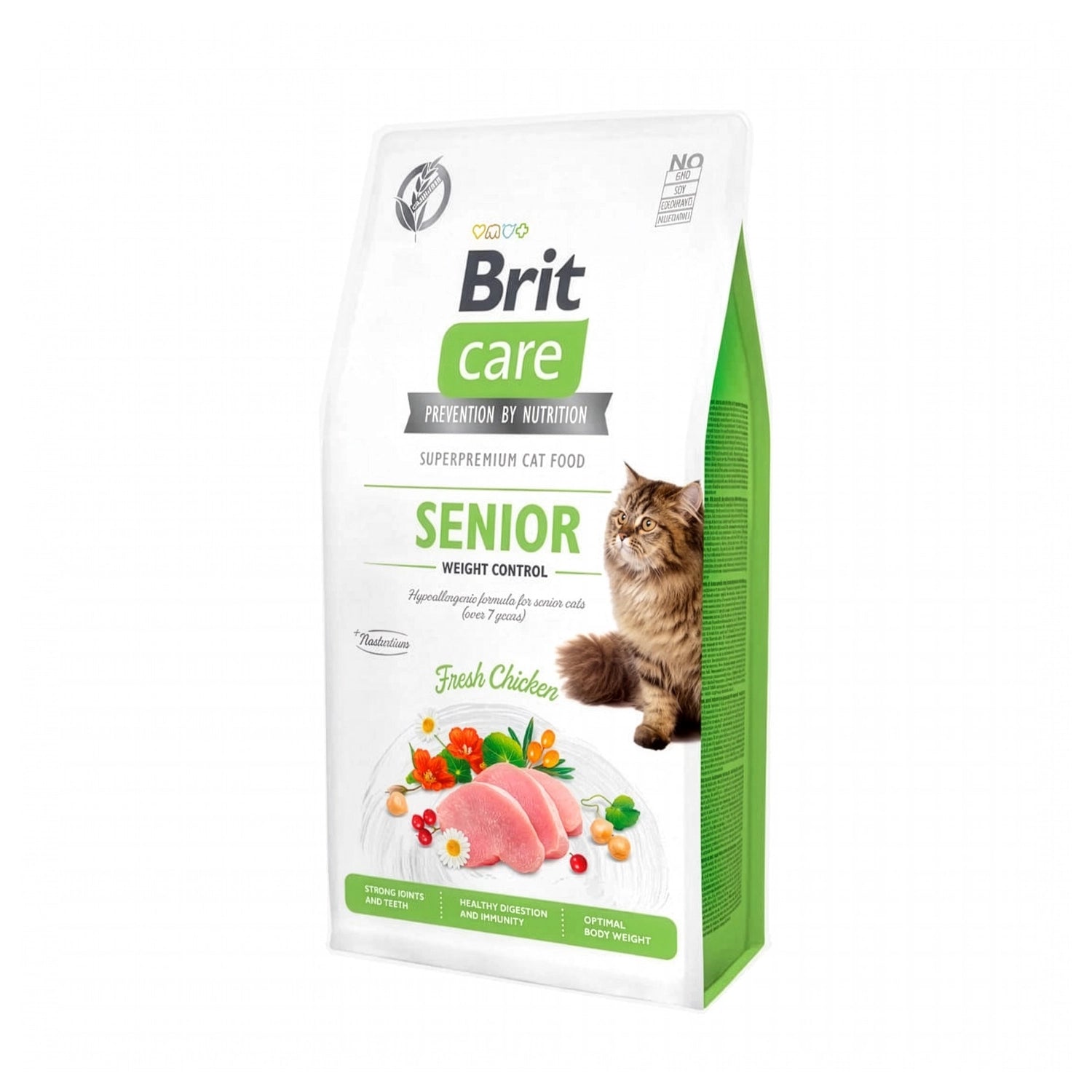 Brit Care Senior Control de peso para Gatos alimento seco en saco con ilustración de pollo y gato, fórmula para gatos mayores