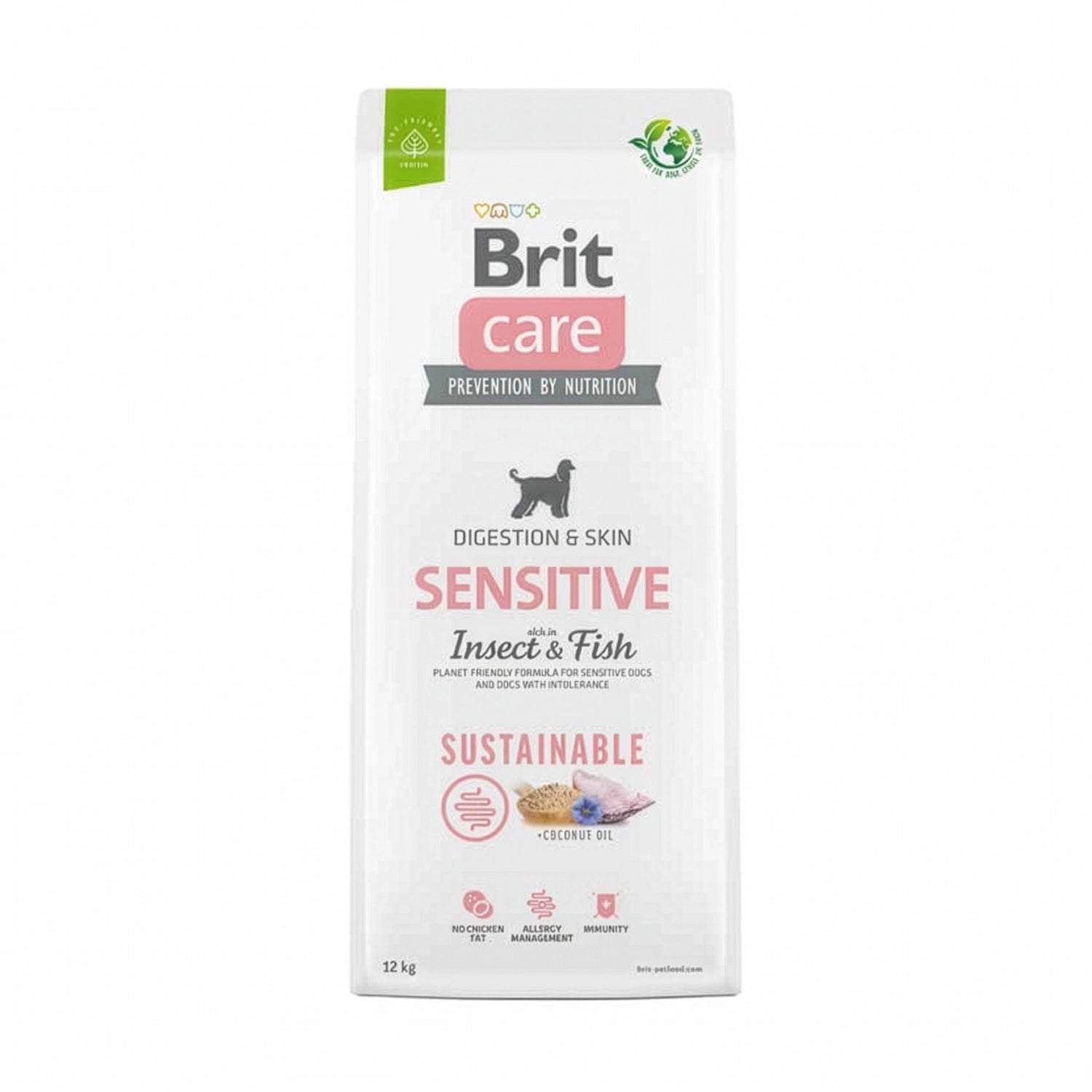 Brit Care Sensitive Insectos y Pescado para Perros alimento seco digestión y piel, saco blanco con detalles rosados y fórmula sostenible