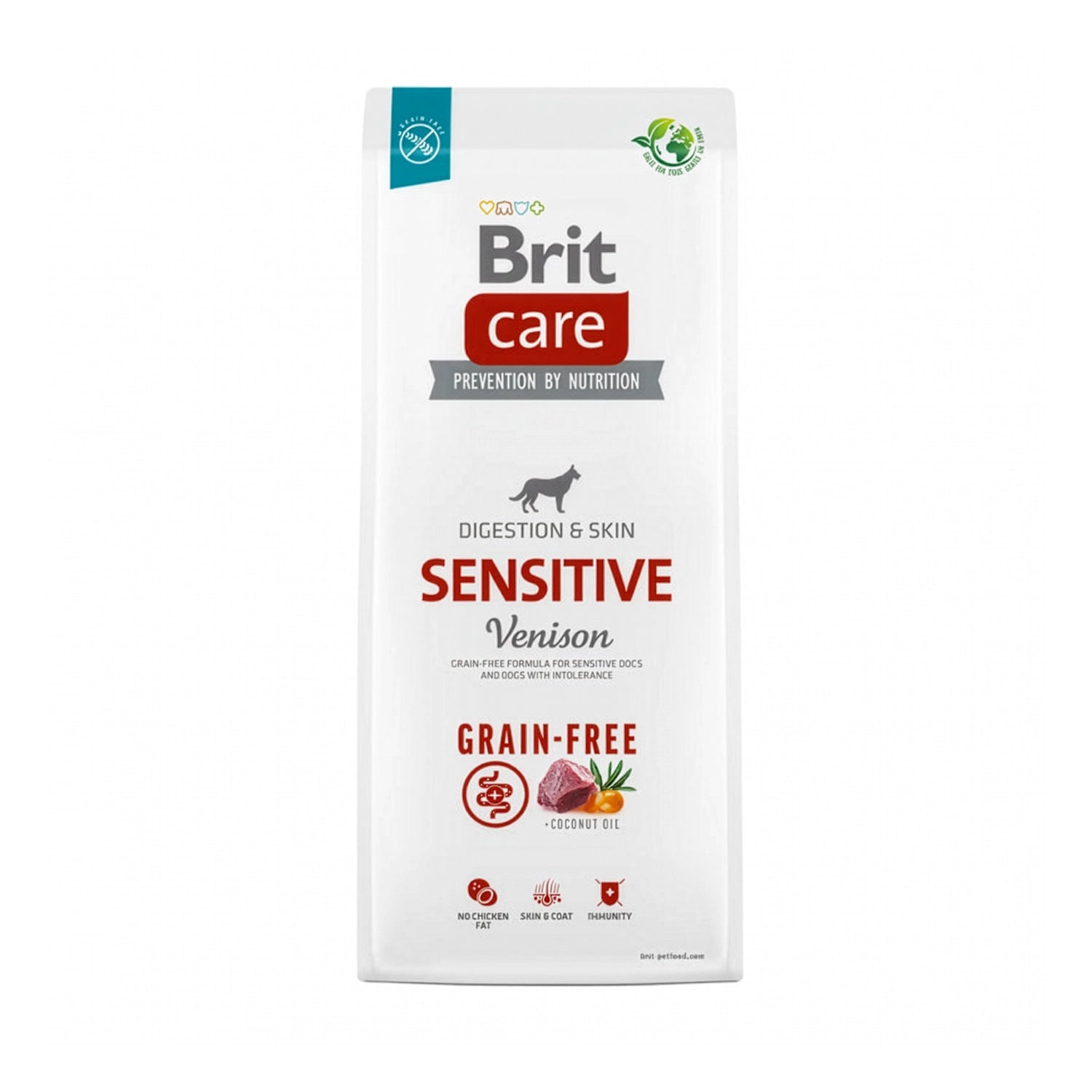 Brit Care Venado Grain-Free 12 Kg, alimento para perros sensibles con carne de venado, aceite de coco y fórmula sin cereales.