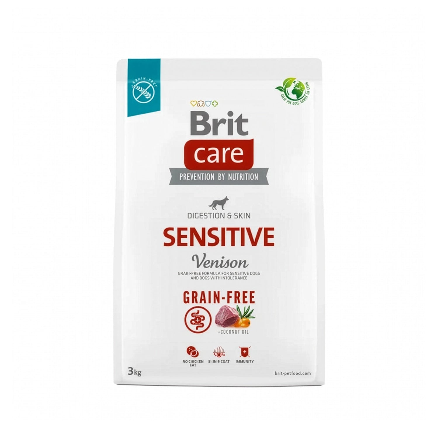 Brit Care Venado Grain-Free 3kg , alimento para perros sensibles con carne de venado, aceite de coco y fórmula sin cereales.