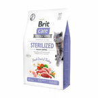 Brit Care Esterilizado Control de peso para Gatos alimento seco en saco con ilustración de carnes frescas y gato adulto esterilizado