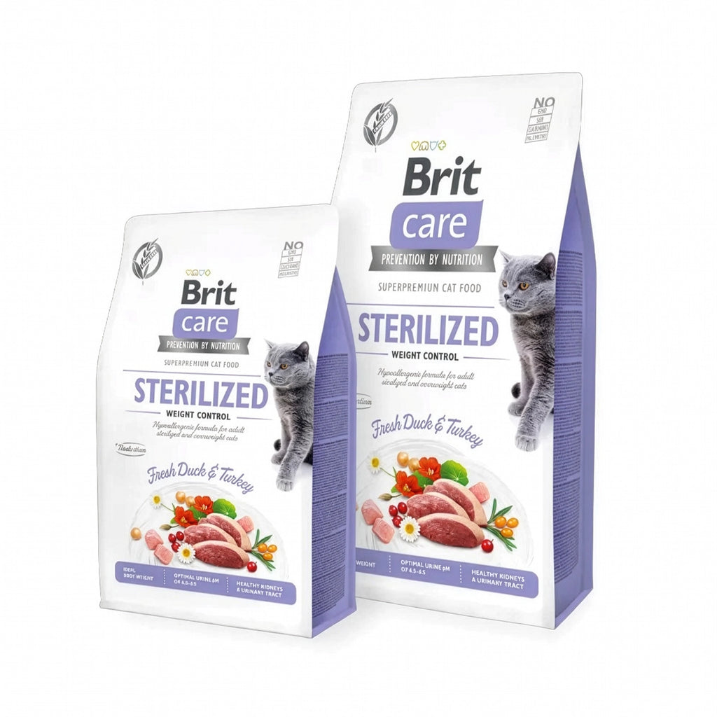 Brit Care Esterilizado Control de peso para Gatos alimento seco en saco con ilustración de carnes frescas y gato adulto esterilizado