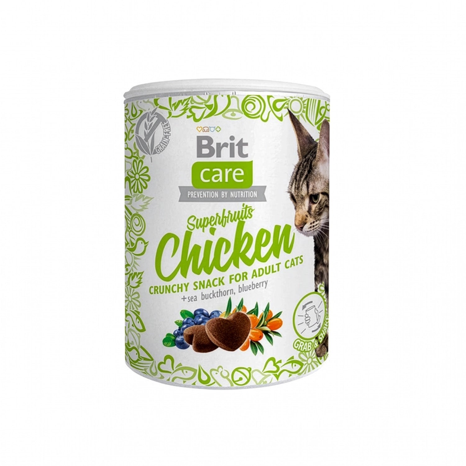 Brit Care Cat Snacks Superfruits Pollo, snack funcional para gatos adultos con pollo y superfrutas en envase cilíndrico.