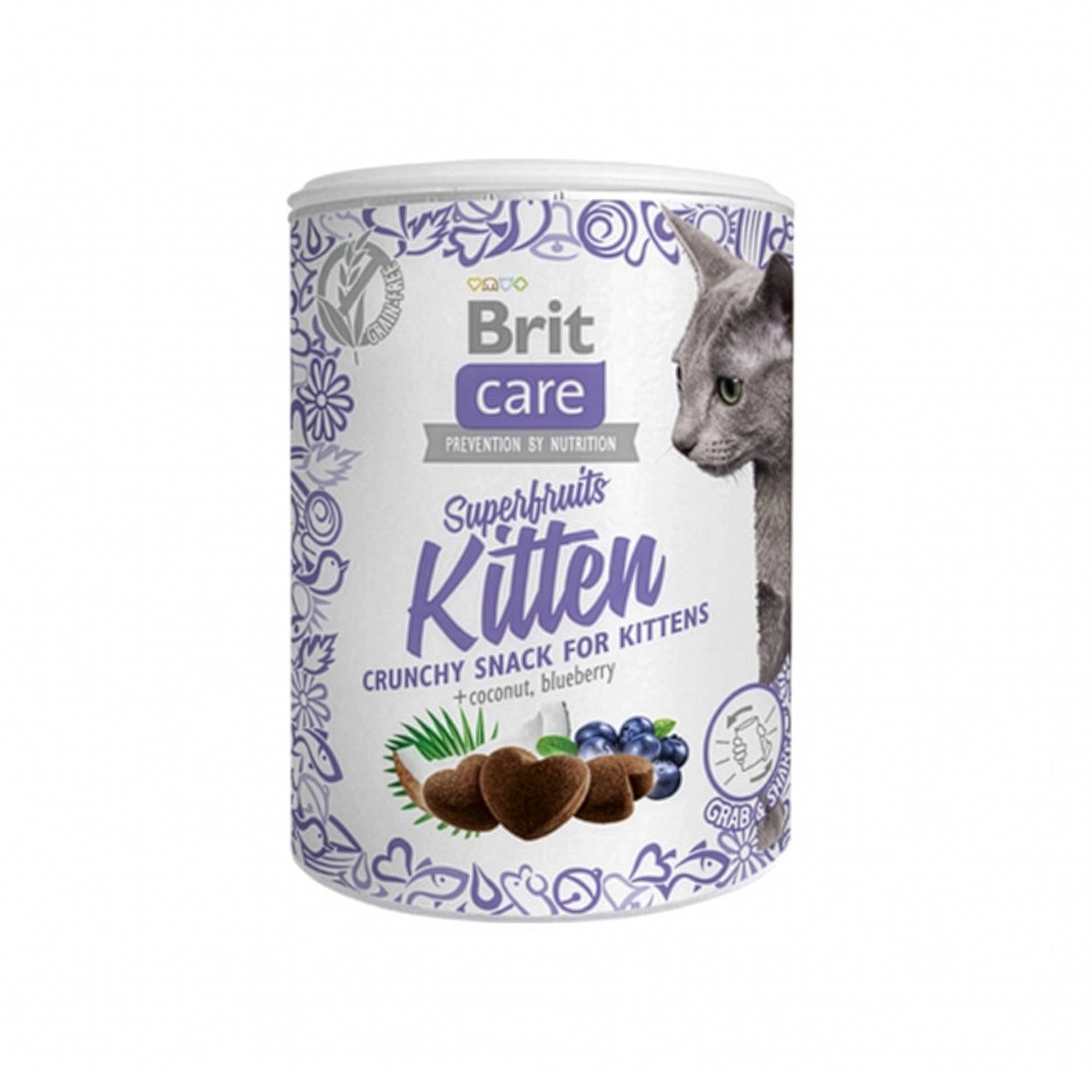 Brit Care Cat Snack Superfruits para Gatitos snack crujiente en lata blanca con ilustración de gato y frutas como coco y arándano