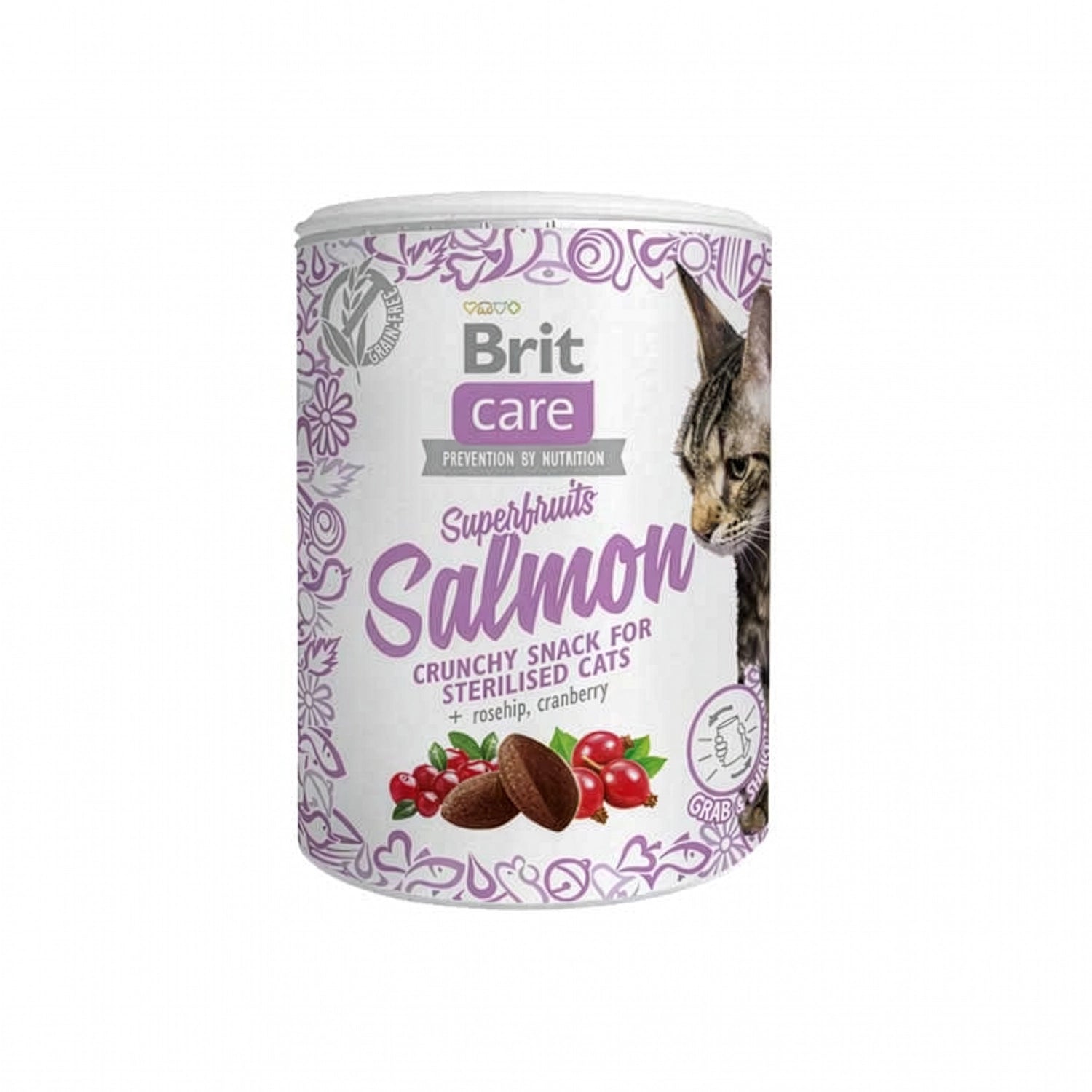 Brit Care Cat Snack Superfruits Salmón snack para gatos en envase cilíndrico con arándanos, croquetas y diseño blanco lila