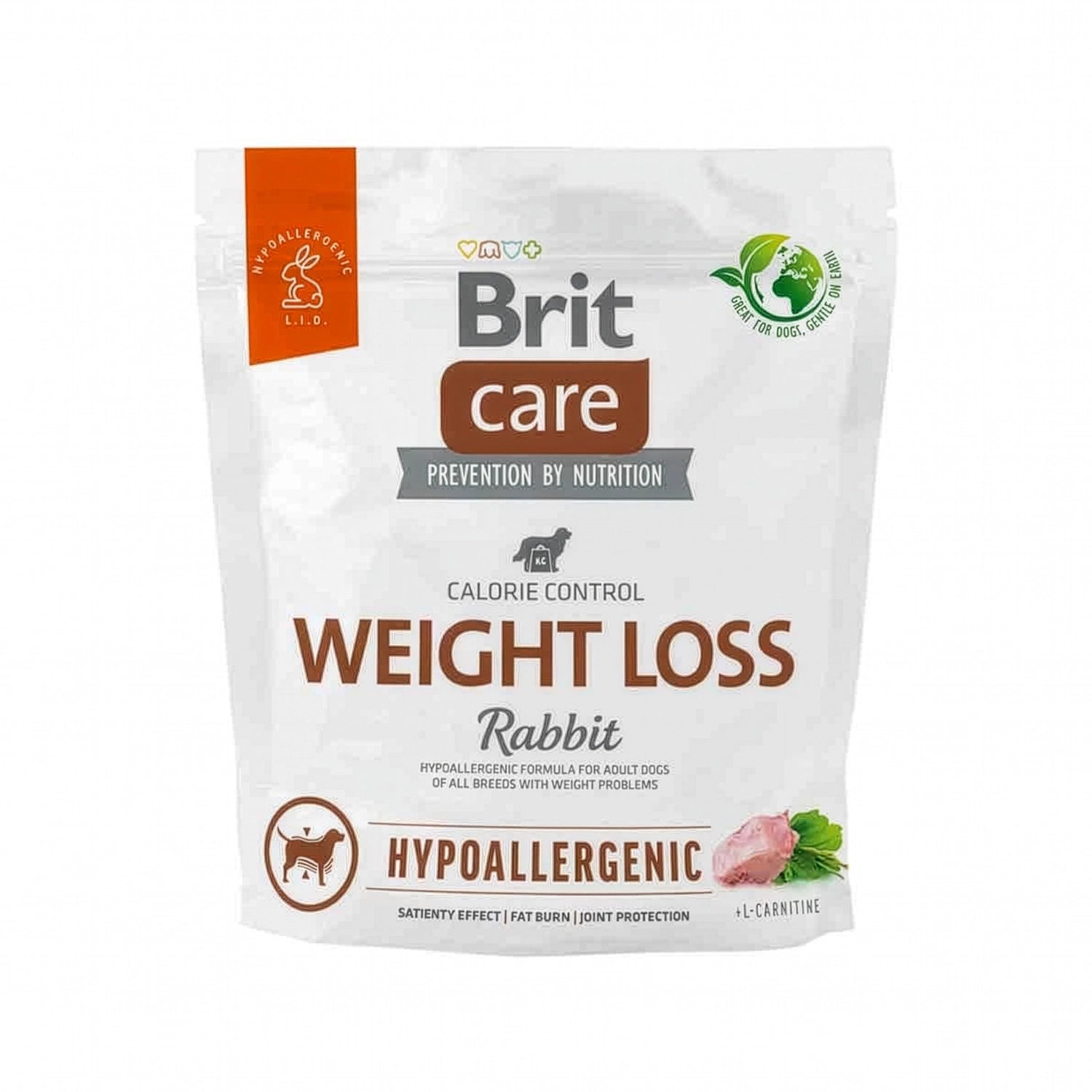 Brit Care Conejo Hipoalergénico Perros con Sobrepeso 1 Kg  croquetas en empaque blanco, proteína de conejo y beneficios para control de peso