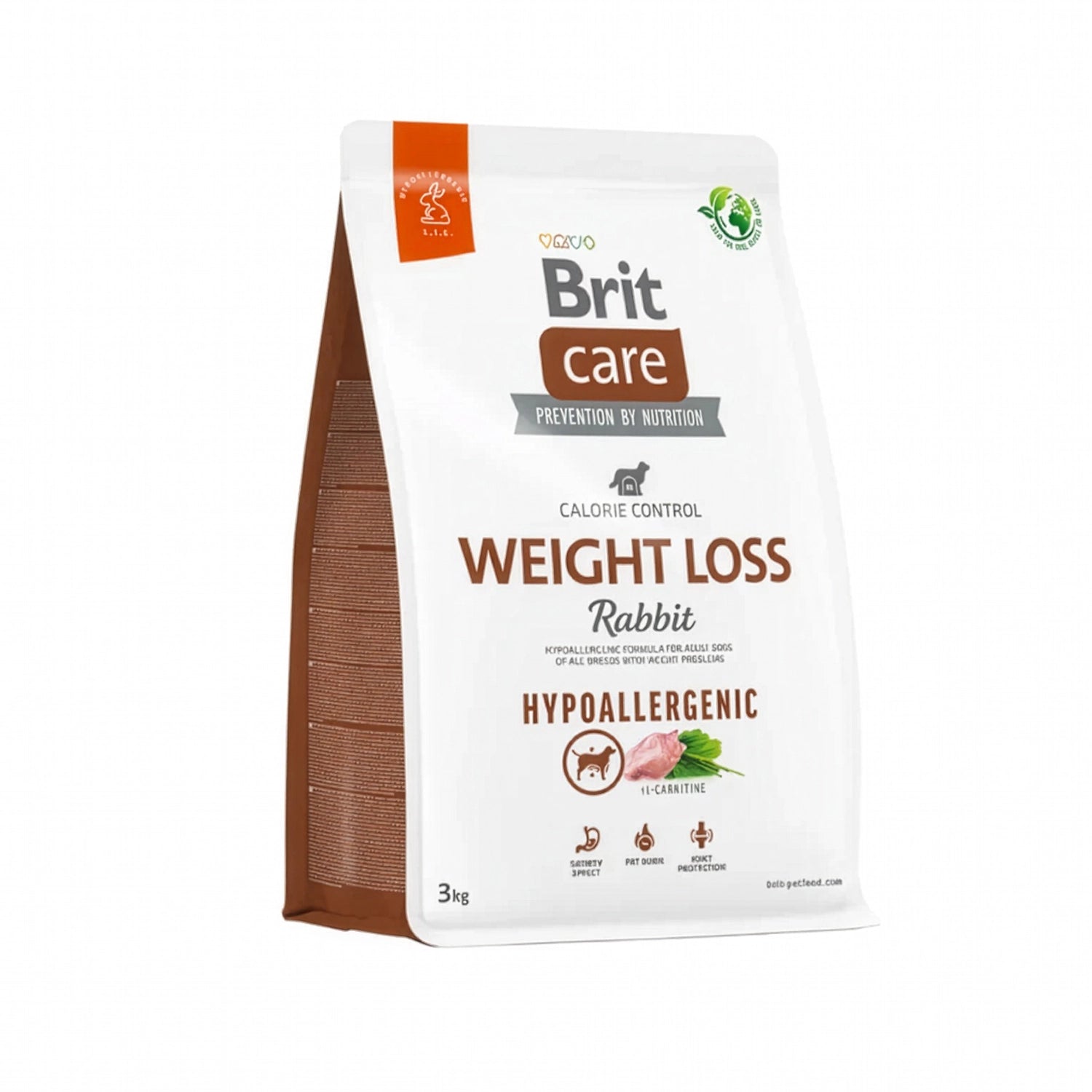 Brit Care Conejo Hipoalergénico Perros con Sobrepeso 3 Kg  croquetas en empaque blanco, proteína de conejo y beneficios para control de peso