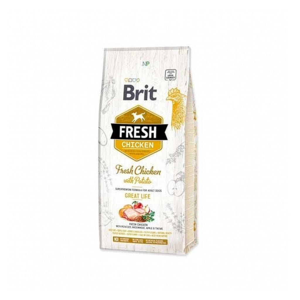 Brit Fresh Pollo y Papas para Perros Adultos en bolsa de alimento seco con pollo fresco, papas e ingredientes naturales para perros.