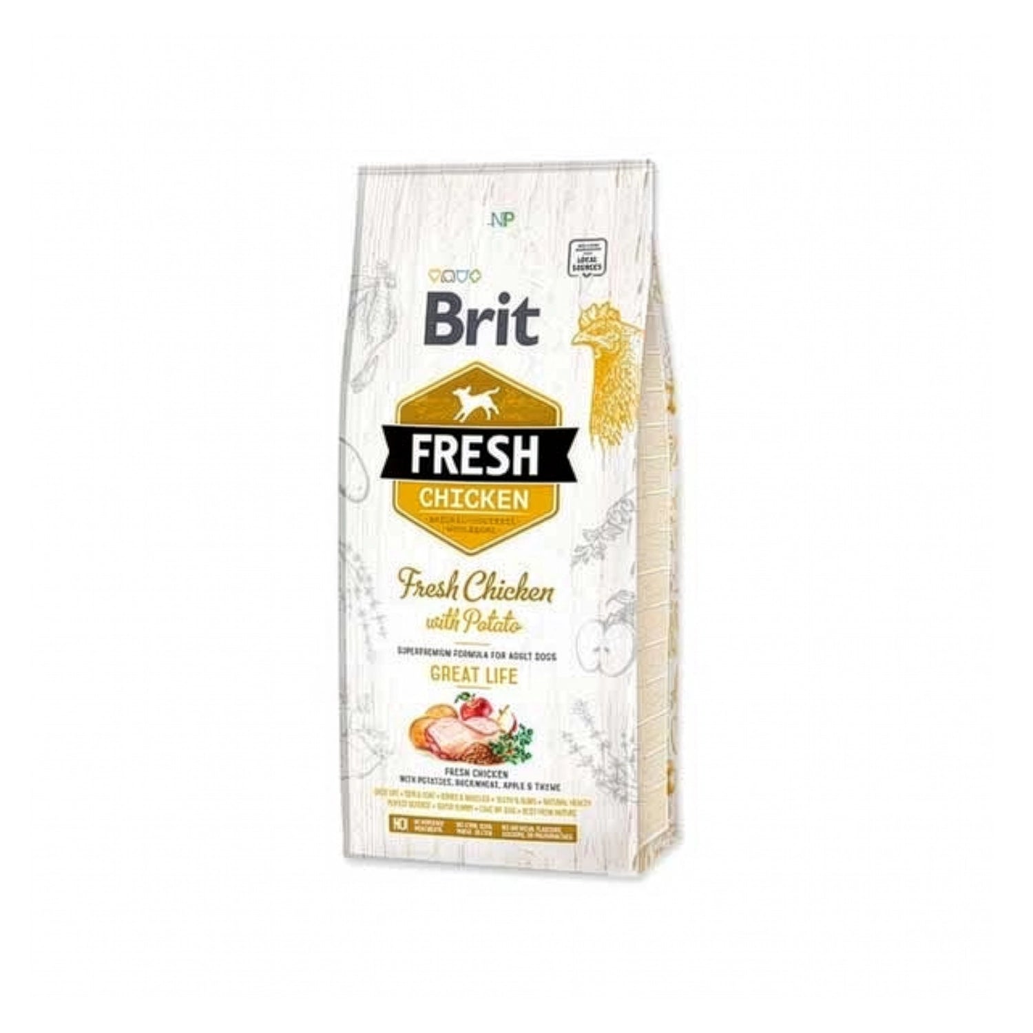 Brit Fresh Pollo y Papas para Perros Adultos en bolsa de alimento seco con pollo fresco, papas e ingredientes naturales para perros.