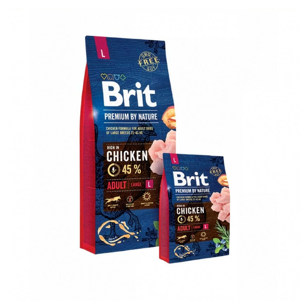 Brit Premium para Perros Razas Grandes en bolsa de alimento seco con pollo, disponible en dos formatos sobre fondo blanco.