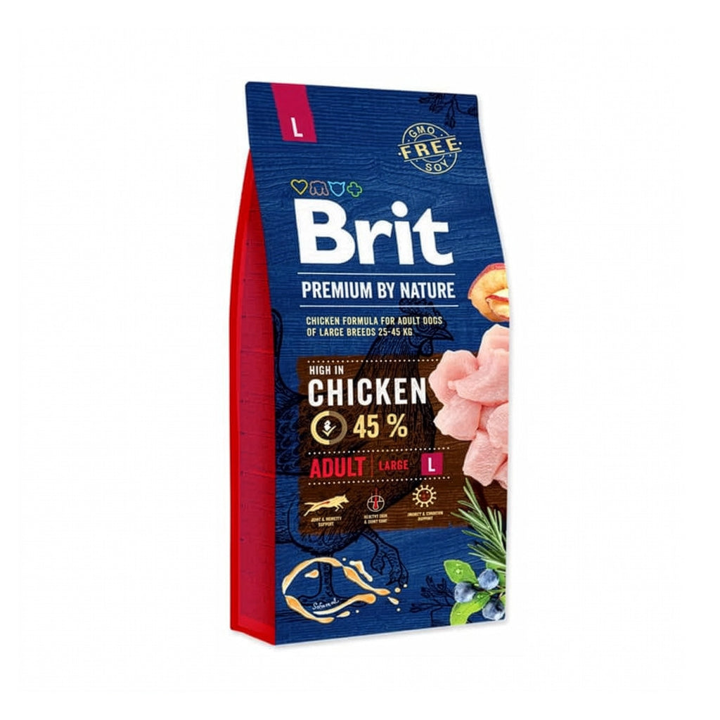 Brit Premium para Perros Razas Grandes en bolsa de alimento seco con pollo, disponible en dos formatos sobre fondo blanco.
