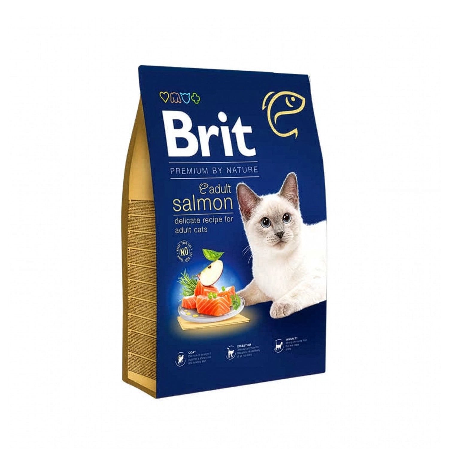 Brit Premium by Nature Salmón para Gatos en bolsa de alimento seco para gatos adultos, con salmón, ilustración de gato y fondo blanco.