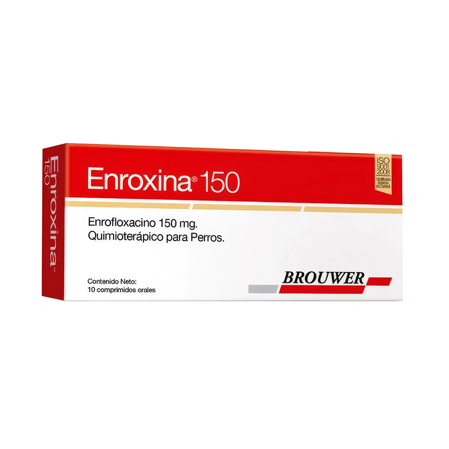 Enroxina 150 mg para perros, caja con 10 comprimidos orales de enrofloxacino para tratamiento veterinario antibacteriano.