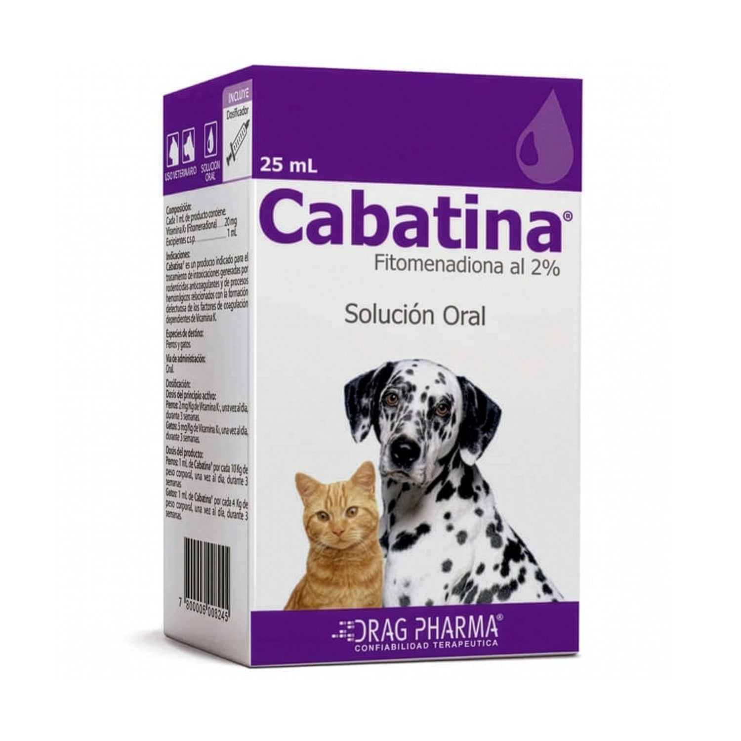 Caja de Cabatina Solución Oral Drag Pharma con diseño morado e imagen de perro y gato para uso veterinario