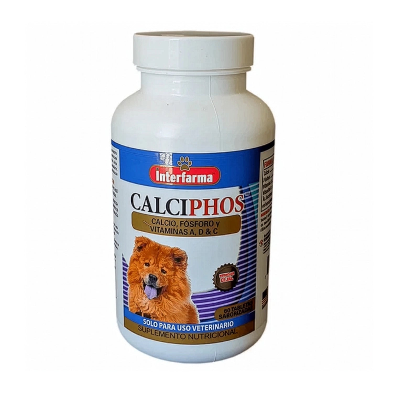 Calciphos Calcio y Vitaminas Interfarma en frasco blanco con suplemento nutricional para perros y vitaminas A, D y C.