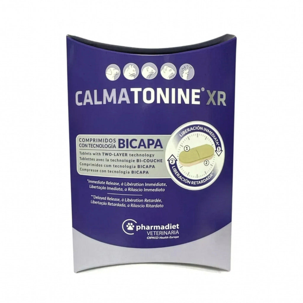 Calmatonine XR para Mascotas 10 Comprimidos en exhibidor morado con blíster para apoyo conductual en perros y gatos.