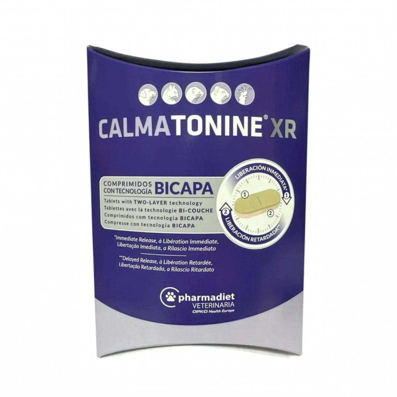 Calmatonine XR para Mascotas 10 Comprimidos en exhibidor morado con blíster para apoyo conductual en perros y gatos.