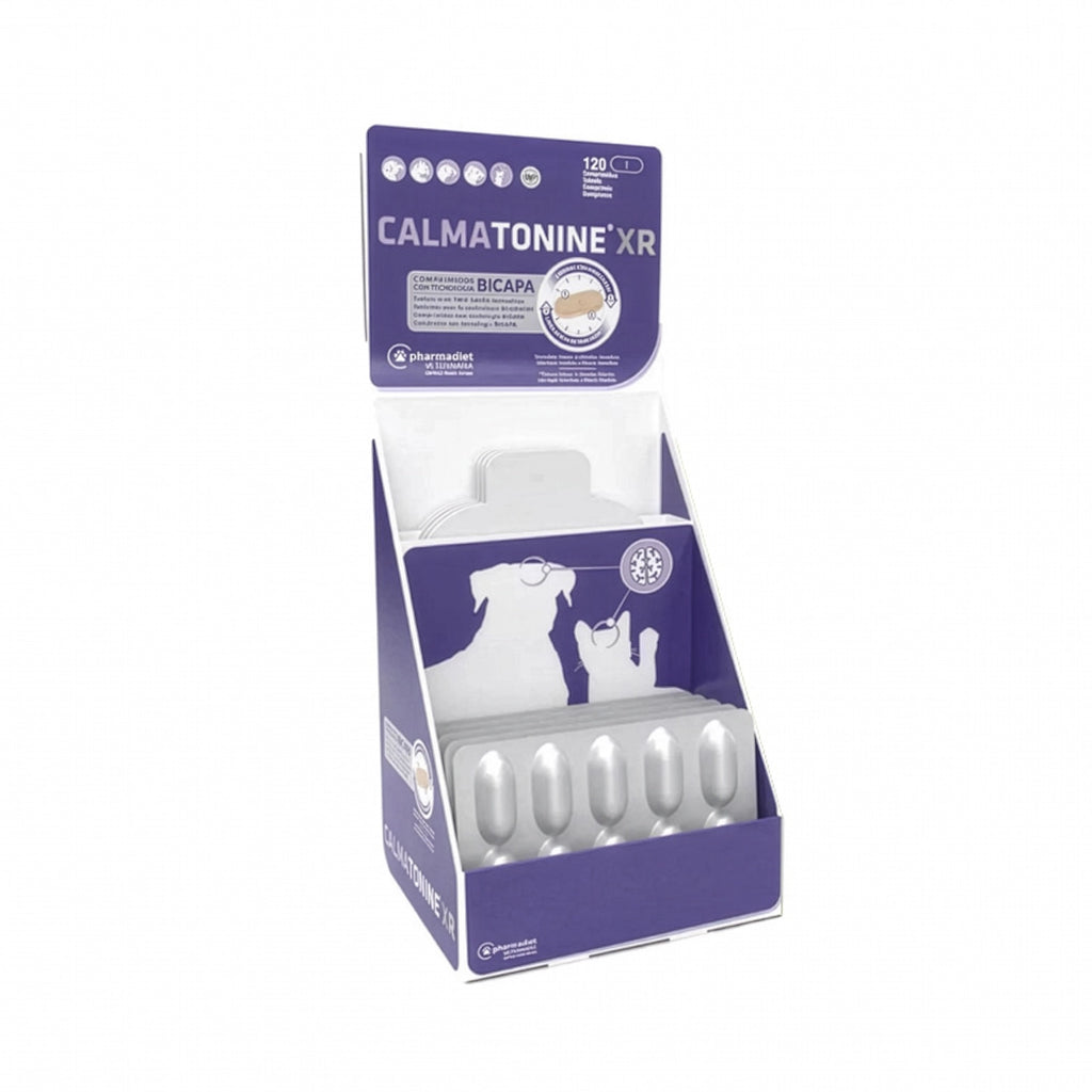 Calmatonine XR para Mascotas 10 Comprimidos en exhibidor morado con blíster para apoyo conductual en perros y gatos.