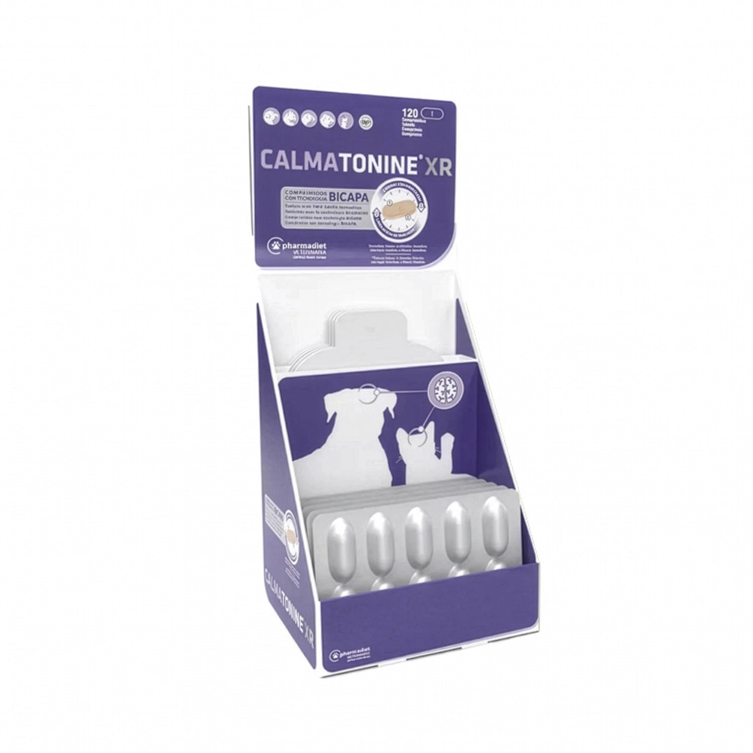 Calmatonine XR para Mascotas 10 Comprimidos en exhibidor morado con blíster para apoyo conductual en perros y gatos.