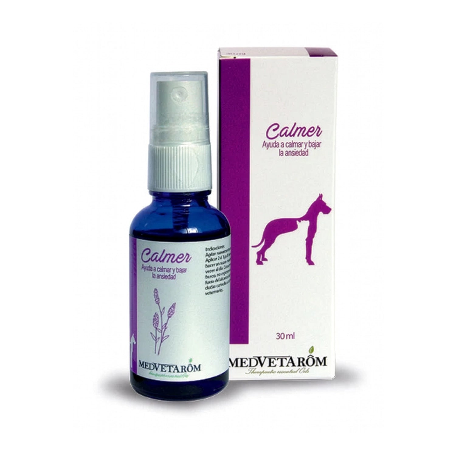 CALMER Calma y Baja la Ansiedad en envase con spray calmante para mascotas, ayuda al bienestar emocional diario.