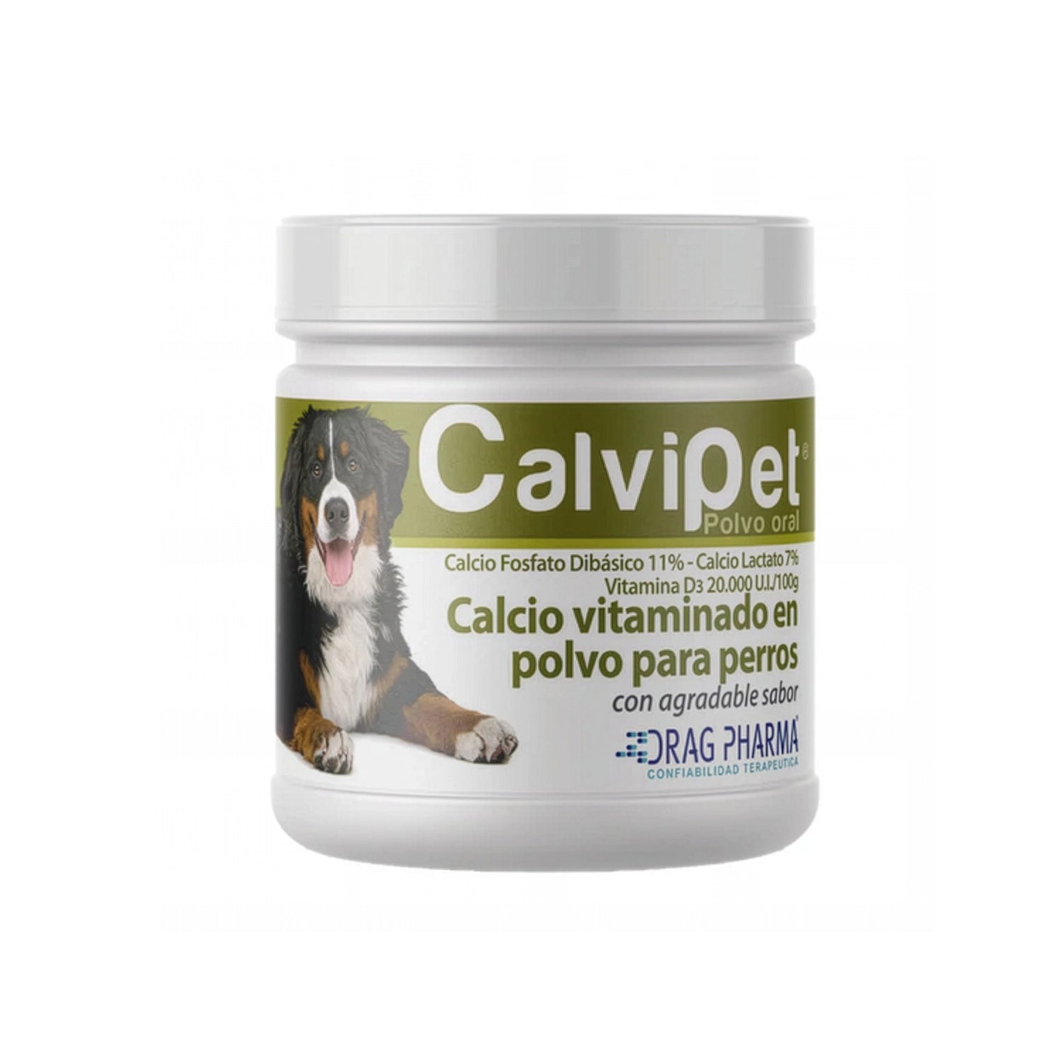 Calvipet Calcio en Polvo para Perros en envase blanco con suplemento vitamínico y calcio oral saborizado.