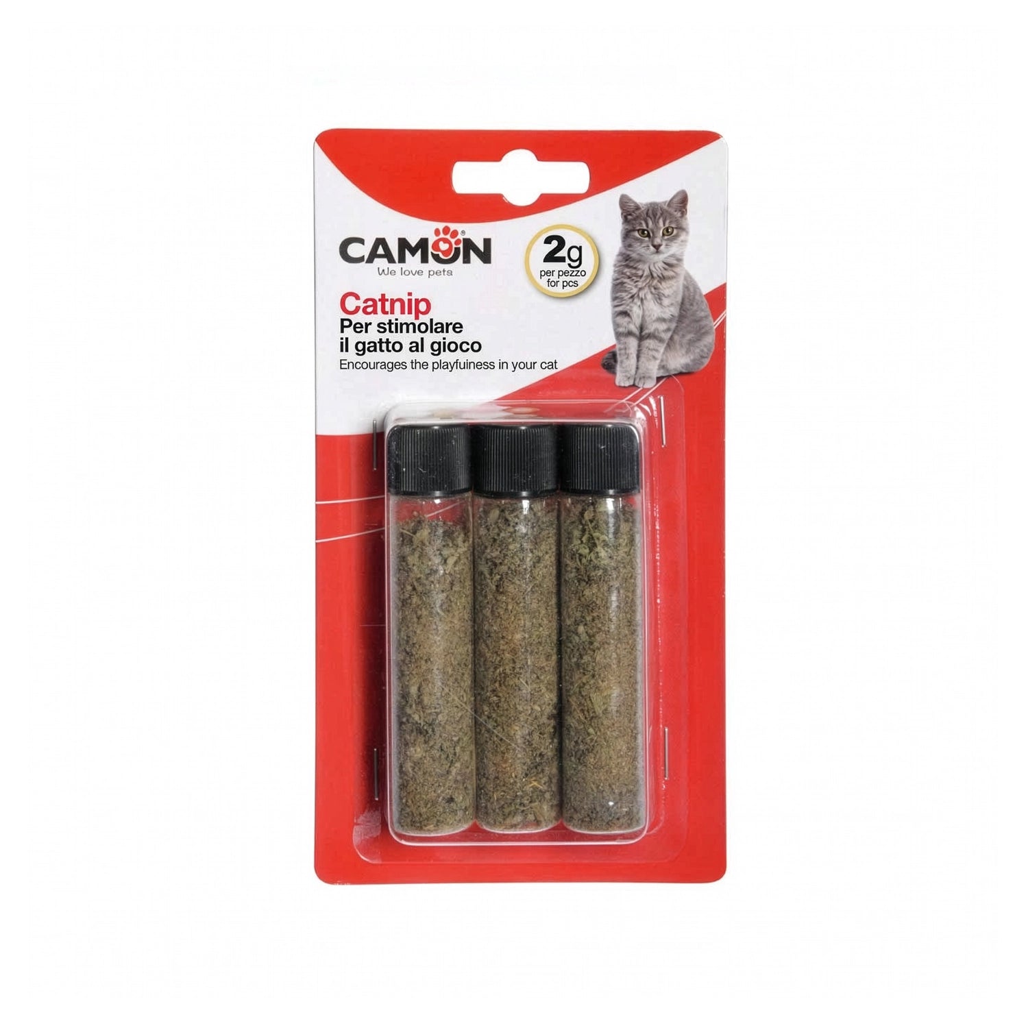Tubos con Hierba Gatera Catnip Camon en blíster con tres tubos de catnip seco y diseño con imagen de gato para estimular el juego.
